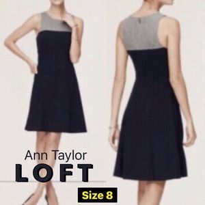Ann Taylor LOFT A-Line Dress Navy Blue Gray Color Block, Size 8